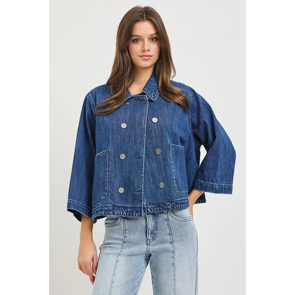 RISEN Double-Breasted Flowy Cropped Denim Jacket